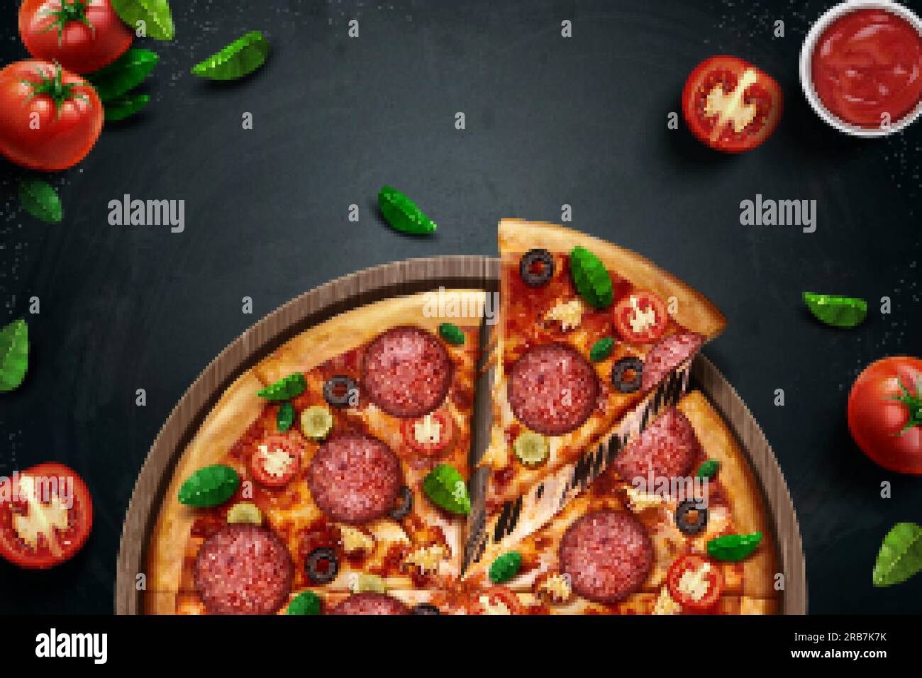 Pepperoni pizza ads with delicious ingredients on chalkboard background