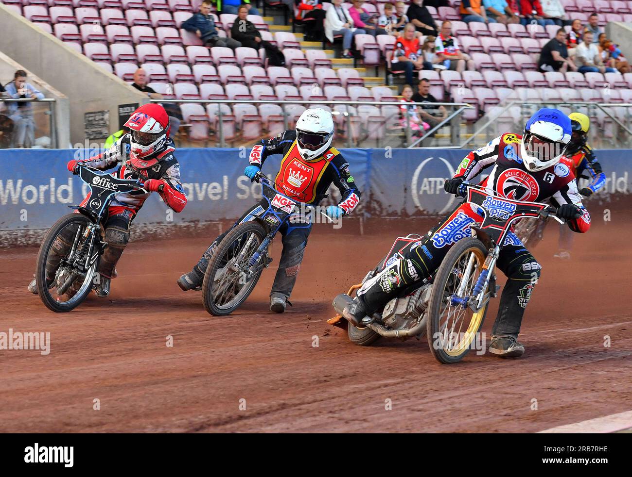 Paul Bowen (Reserve) of Belle Vue ‘Cool Running' Colts and Freddy Hodder of Belle Vue ‘Cool Running' Colts tussles with Tom Woolley (Captain) of Kent ‘Iwade Garage' Royals during the National Development League match between Belle Vue Aces and Kent Royals at the National Speedway Stadium, Manchester on Friday 7th July 2023. (Photo: MI News) Credit: MI News & Sport /Alamy Live News Stock Photo