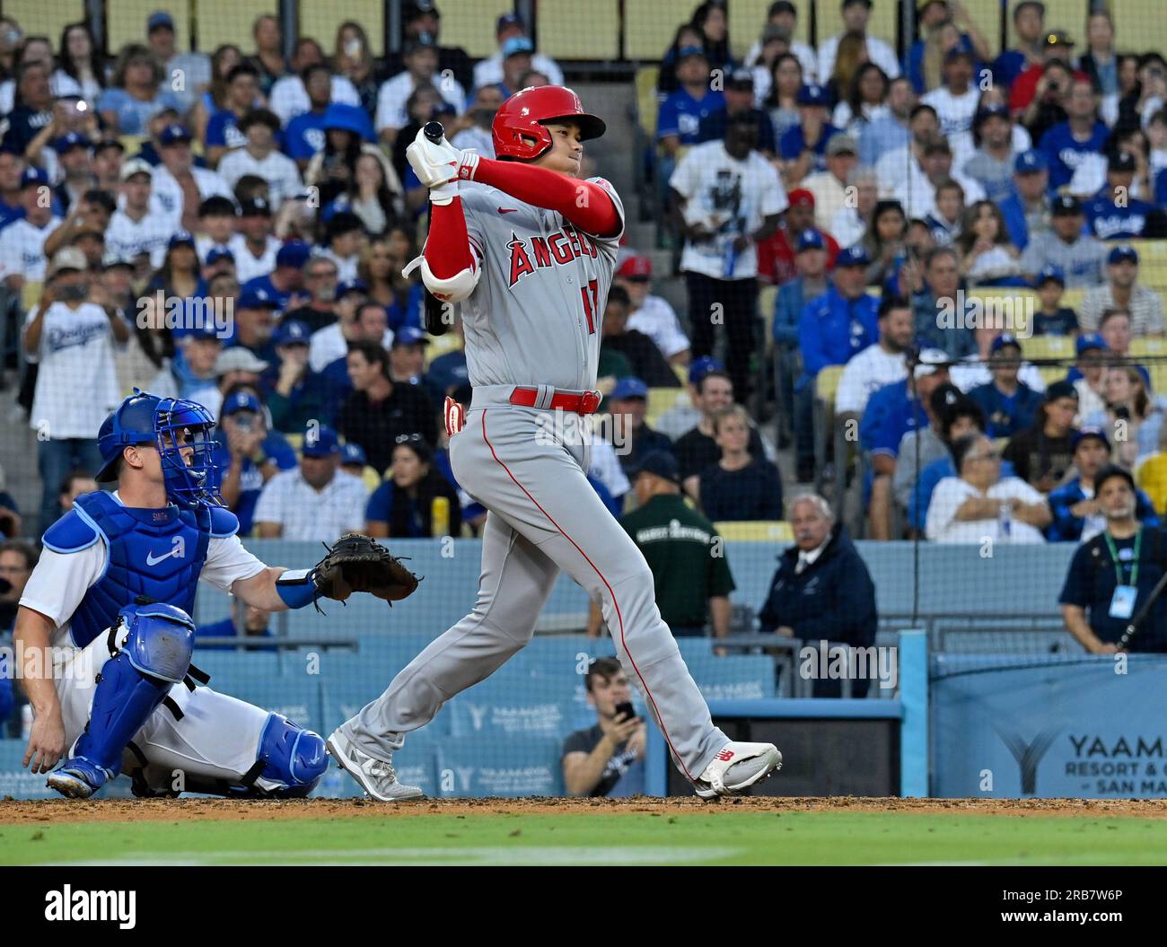 Los Angeles, United States. 07th July, 2023. Los Angeles Angels Shohei Ohtani hits a single during the fourth inning at Dodger Stadium in Los Angeles on Friday, July 7, 2023. Photo by Jim Ruymen/UPI Credit: UPI/Alamy Live News Stock Photo