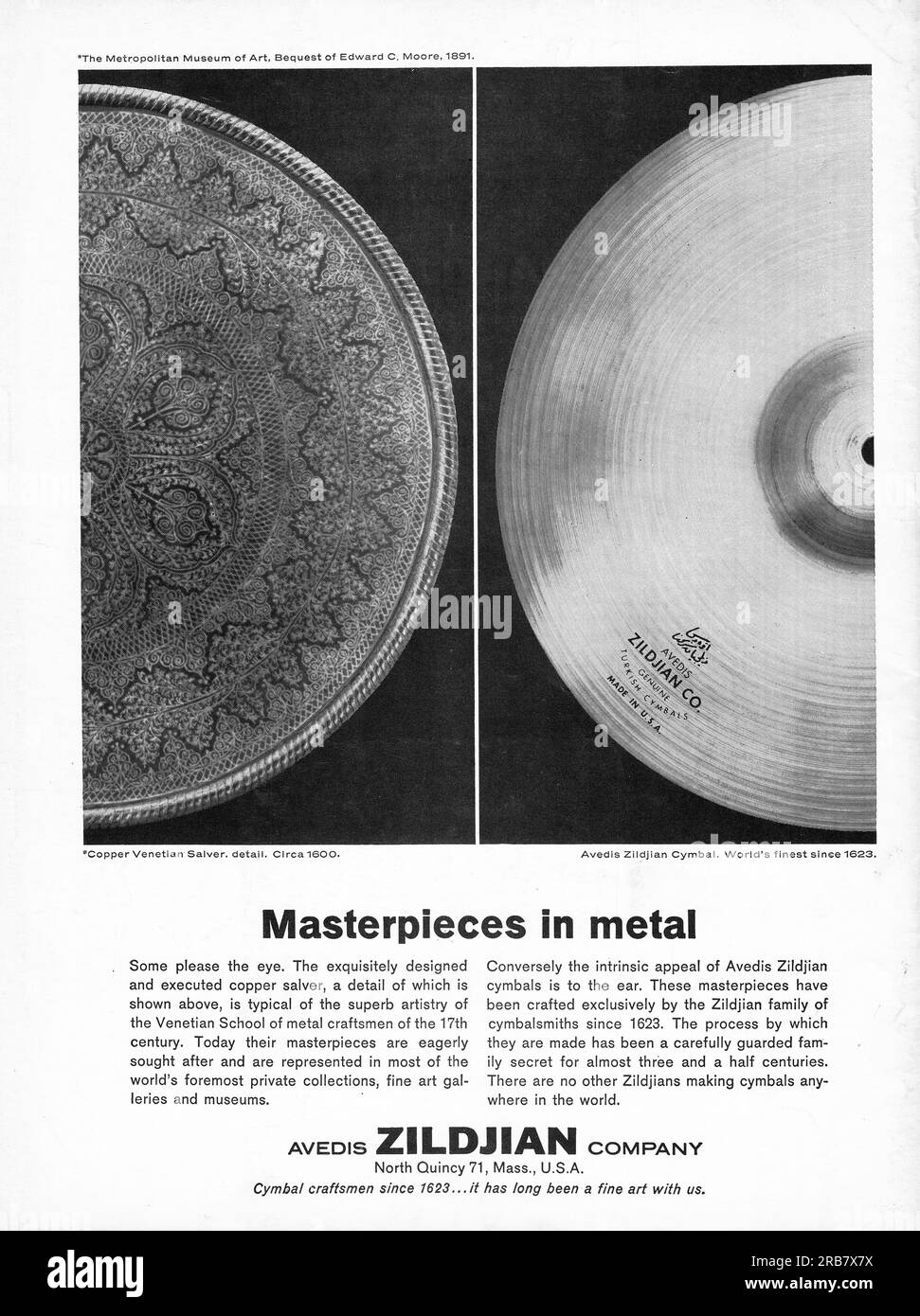 An advertisement for Avis Zildjian cymbals citing their 350+ year history as cymbalsmiths. From an early 1960's magazine. Stock Photo