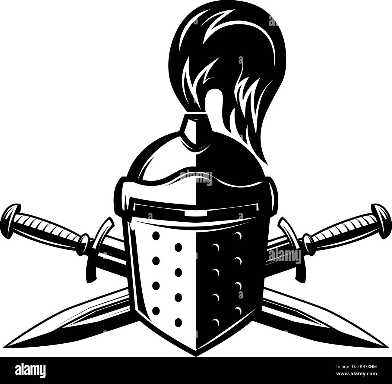 Knight helmet with crossed swords. Warrior helmet with swords. Design element Stock Vector