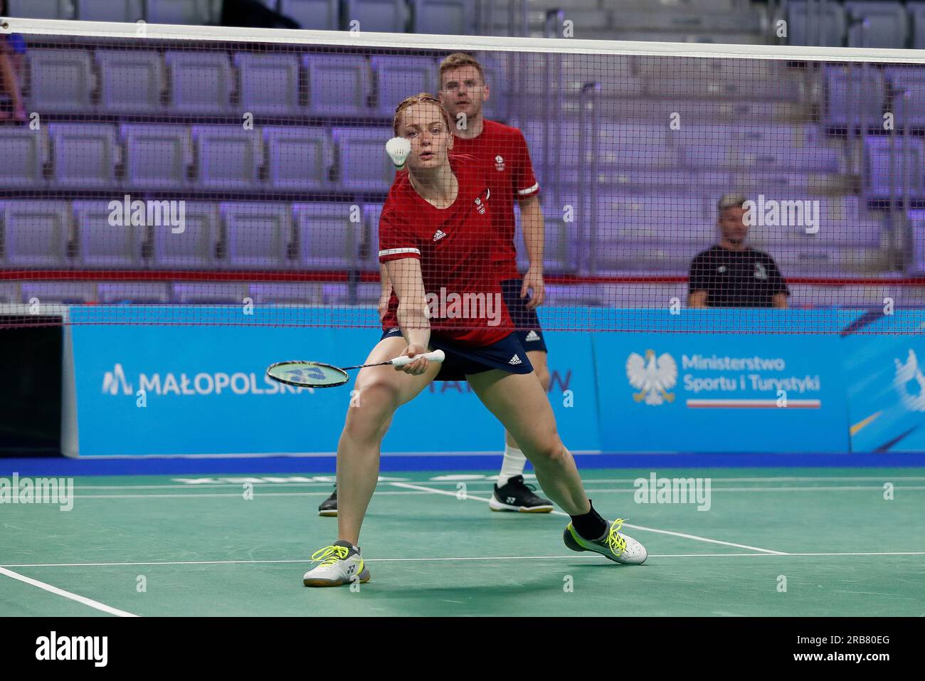 Tarnow, Slovenia. 26 June, 2023: Lauren Smith of Great Britain competes in  the Badminton - Mix Double match during the European Games - Day 7 at  Jaskolka Arena in Tarnow, Poland. June