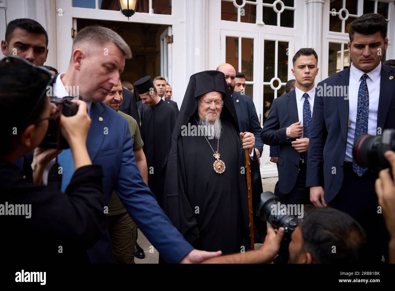 Istanbul, Turkey. 08th July, 2023. Ukrainian President Volodymyr Zelenskyy, left, is escorted by Bartholomew I of Constantinople, leader of Eastern Orthodox Christians, for a memorial mass at the Cathedral of St. George, July 8, 2023 in Istanbul, Turkey. Credit: Ukraine Presidency/Ukraine Presidency/Alamy Live News Stock Photo