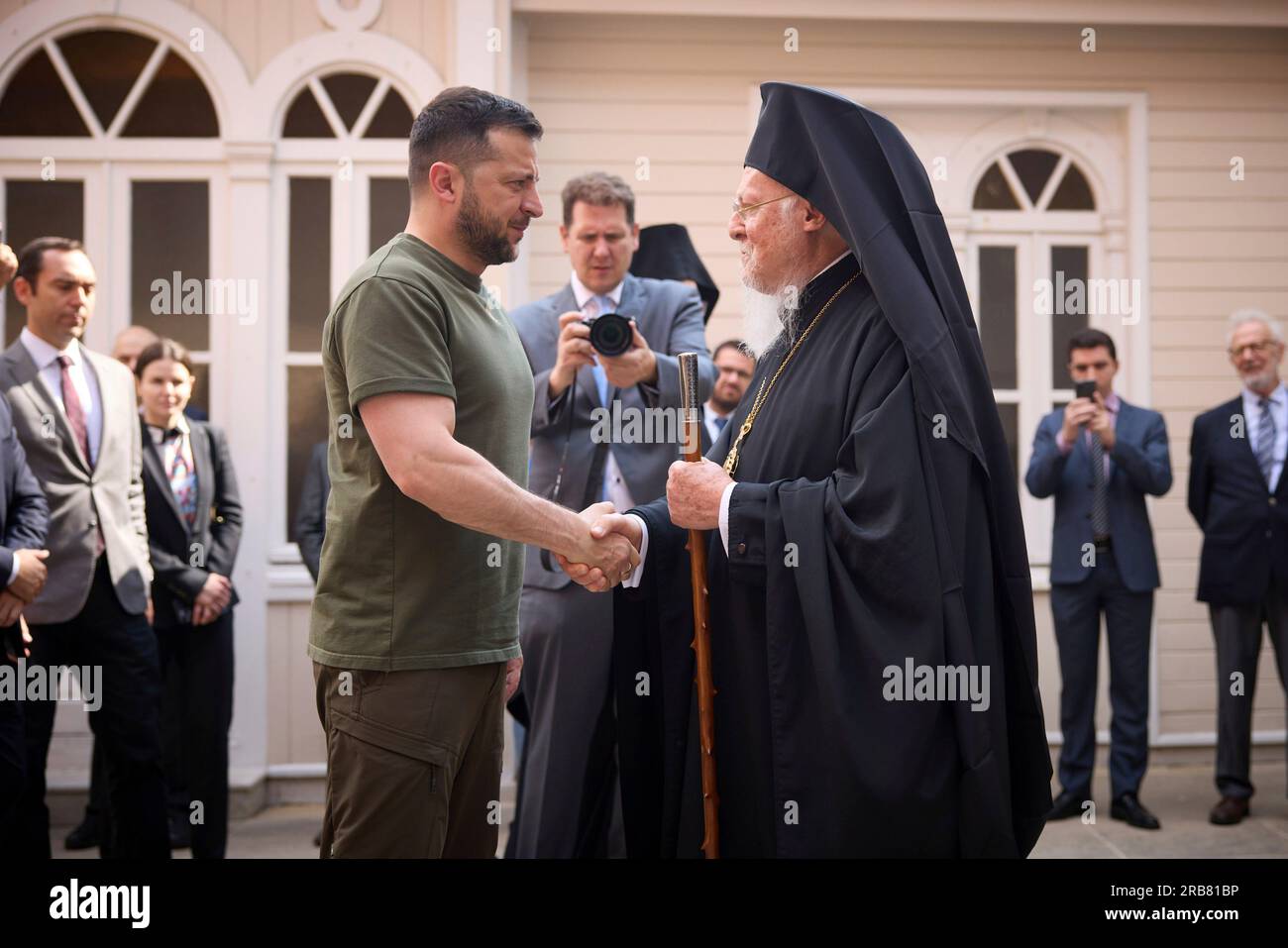 Istanbul, Turkey. 08th July, 2023. Ukrainian President Volodymyr Zelenskyy, left, is welcomed by Bartholomew I of Constantinople, leader of Eastern Orthodox Christians, for a memorial mass at the Cathedral of St. George, July 8, 2023 in Istanbul, Turkey. Credit: Ukraine Presidency/Ukraine Presidency/Alamy Live News Stock Photo