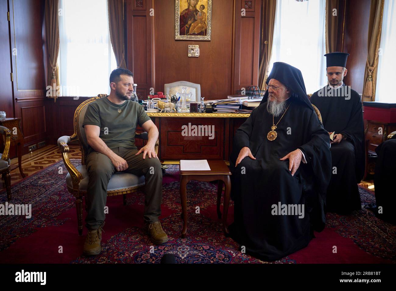 Istanbul, Turkey. 08th July, 2023. Ukrainian President Volodymyr Zelenskyy, left, meets with Bartholomew I of Constantinople, leader of Eastern Orthodox Christians, right, before a memorial mass at the Cathedral of St. George, July 8, 2023 in Istanbul, Turkey. Credit: Ukraine Presidency/Ukraine Presidency/Alamy Live News Stock Photo