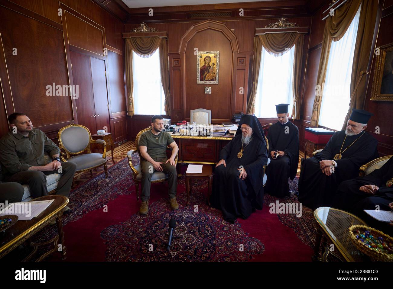 Istanbul, Turkey. 08th July, 2023. Ukrainian President Volodymyr Zelenskyy, left, meets with Bartholomew I of Constantinople, leader of Eastern Orthodox Christians, right, before a memorial mass at the Cathedral of St. George, July 8, 2023 in Istanbul, Turkey. Credit: Ukraine Presidency/Ukraine Presidency/Alamy Live News Stock Photo