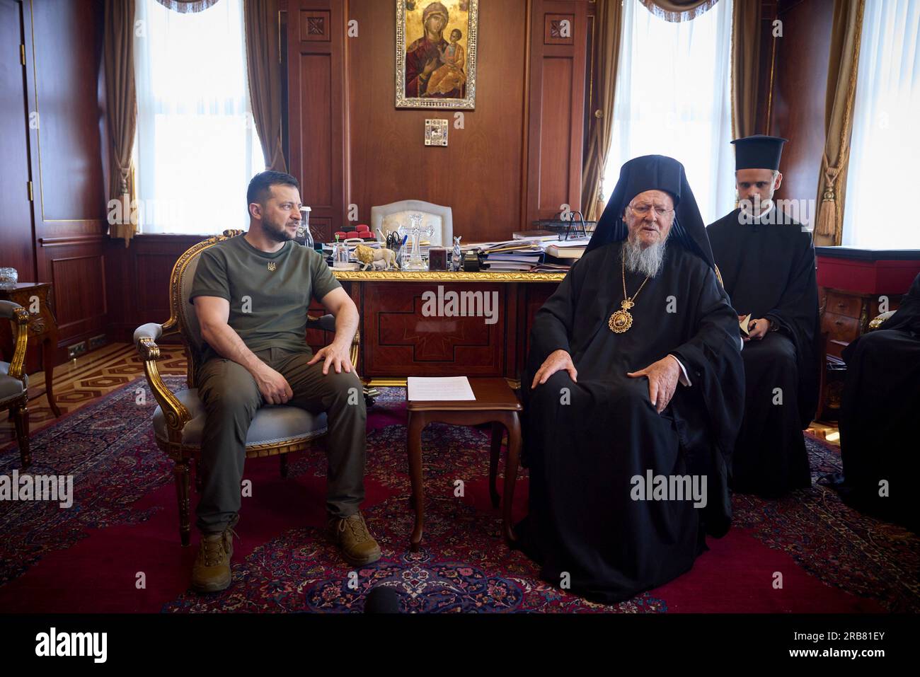 Istanbul, Turkey. 08th July, 2023. Ukrainian President Volodymyr Zelenskyy, left, meets with Bartholomew I of Constantinople, leader of Eastern Orthodox Christians, right, before a memorial mass at the Cathedral of St. George, July 8, 2023 in Istanbul, Turkey. Credit: Ukraine Presidency/Ukraine Presidency/Alamy Live News Stock Photo