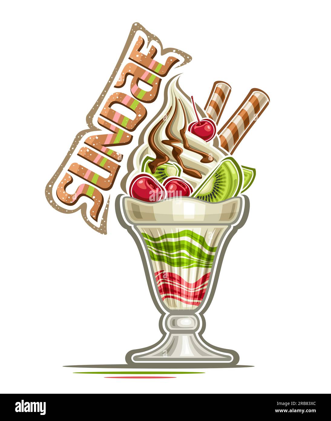 Vector logo for Sundae, decorative poster with illustration of sundae ice cream with layered colorful jam decorated waffle rolls, sliced kiwi fruits, Stock Vector