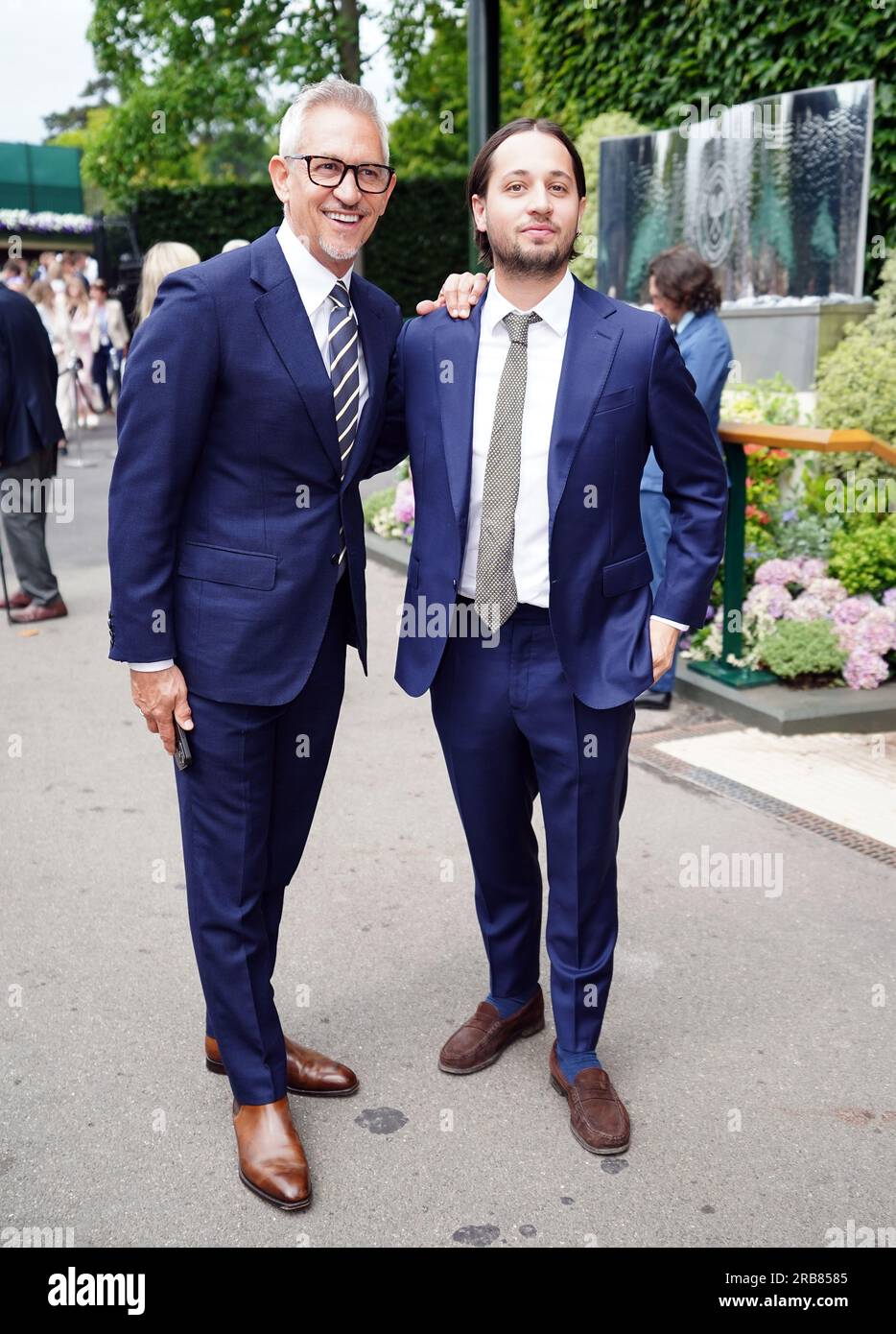 Gary Lineker and his son Tobias arriving on day six of the 2023 Wimbledon Championships at the All England Lawn Tennis and Croquet Club in Wimbledon. Picture date: Saturday July 8, 2023. Stock Photo