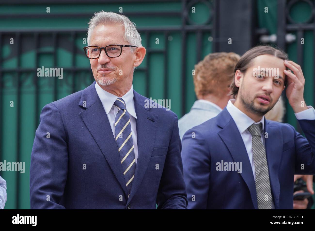 London UK. 8 July 2023 .Gary Lineker, BBC Sports television presenter arrives  with his son Tobias at the All England Lawn Tennis Club on day 6 of the Wimbledon Tennis Championships.  Credit amer ghazzal/Alamy Live News Stock Photo