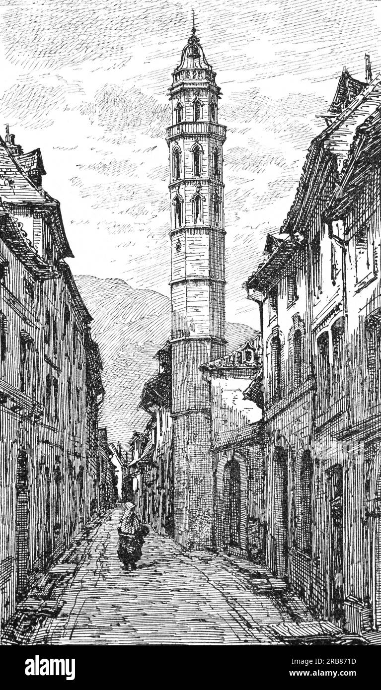An early 19th century illustration of Tour des Jacobins in Bagnères-de-Bigorre, a commune of the Hautes-Pyrénées Department in the Occitanie region of southwestern France. Flamboyant Gothic in type, this belfry (square on the first two floors then octagonal 35 meters high) is the vestige of what was the church of the preaching brothers of the order of Saint-Dominic. Stock Photo
