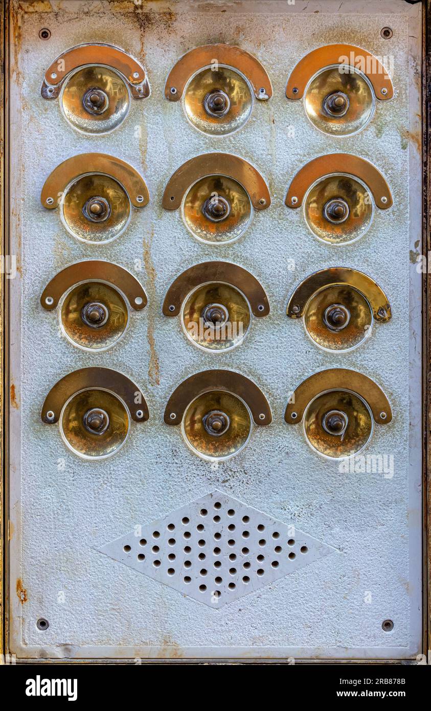 Beautiful vintage buttons bells in a residential building in Venice Stock Photo