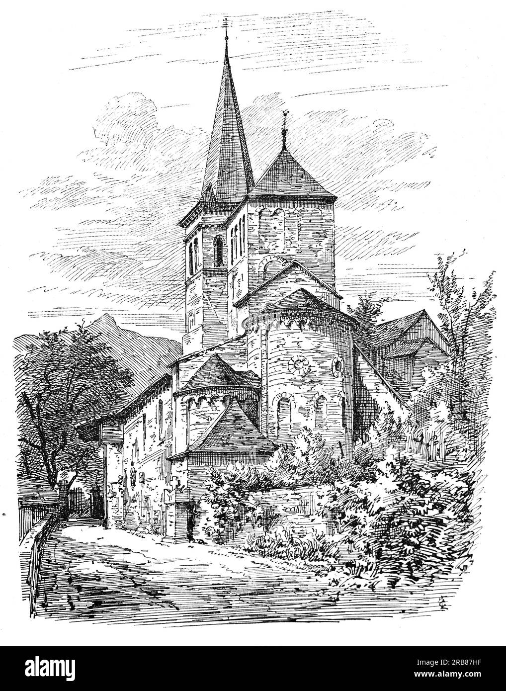 An early 19th century illustration of Eglise de Saint Aventin de Larboust, a Romanesque church located in the Pyrenees, in Saint-Aventin, Haute-Garonne in the Occitanie region of France. Dating from the 11th and 12th centuries, the church, with two bell towers is typical of Pyrenean Romanesque art, is dedicated to a shepherd from the valley, a very popular hermit who lived there towards the end of the 8th century. Stock Photo