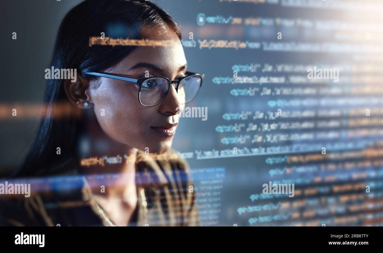 Software, data hologram and woman with code analytics, information technology and gdpr overlay. Programmer coding or IT person in glasses reading html Stock Photo