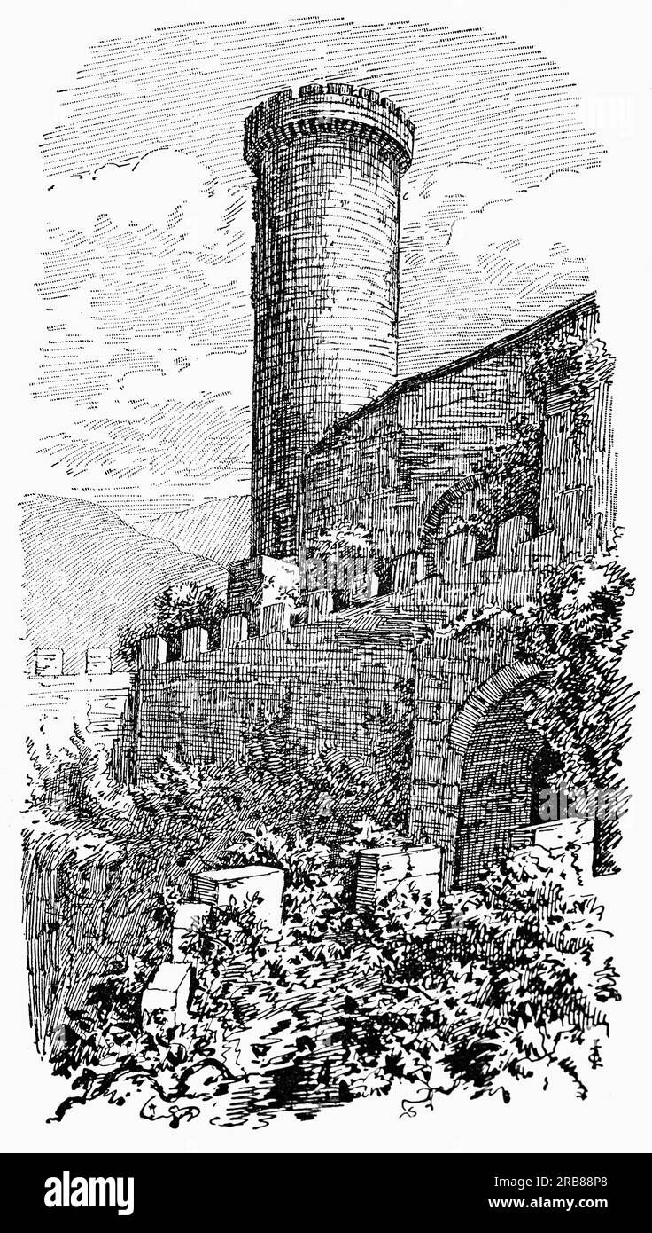 A late 19th century illustration of le Tour de Gaston, in the Château des Comtes de Foix, a castle dating back to the early tenth century, above the town of Foix, probably founded by Charlemagne. It is the capital of the department of Ariège located in the Occitanie region of southwestern France. Stock Photo