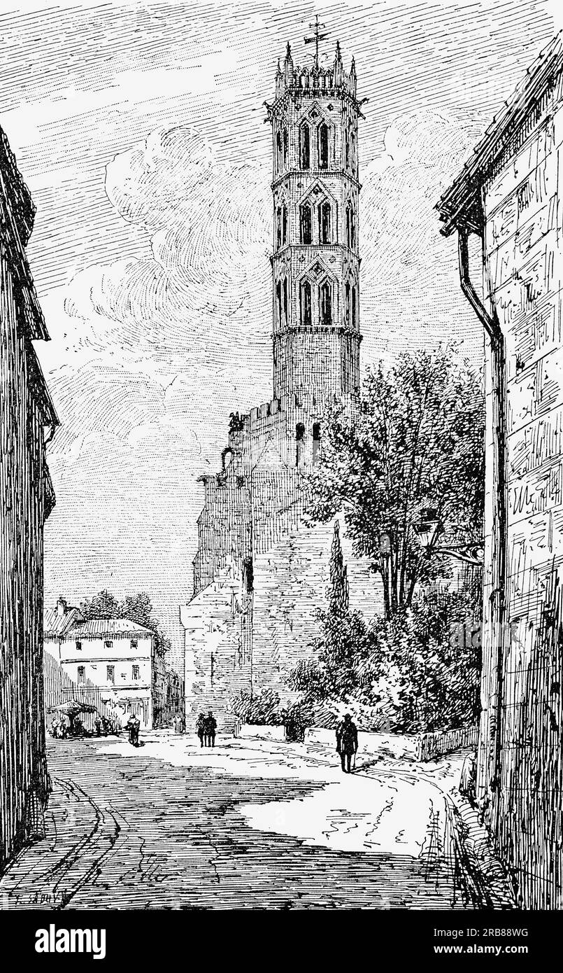 A late 19th century illustration of the cathedral in the town of Pamiers in the Ariège department of the Occitanie region, France. Built in the Southern French Gothic architectural tradition, the original church, dates back to the 12th century. The Wars of Religion during the 16th century caused great damage in the city, leaving only the bell tower, which could be used as a watchtower. Stock Photo