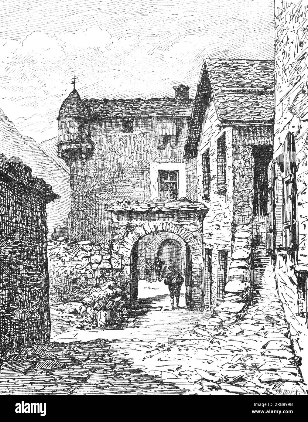 A late 19th century illustration of Casa de la Vall is a historical house in Andorra la Vella, Andora. It was built in 1580 as a manor and tower defense by the Busquets family. In 1702, it was acquired by the Consell de la Terra. The ground floor is for the administration of justice with the court room. On the first floor is the Council Chamber. Stock Photo