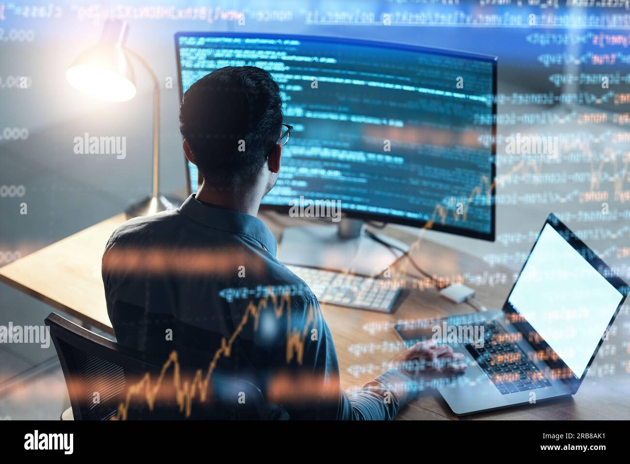Programmer, code and man with hologram, technology and digital software ...