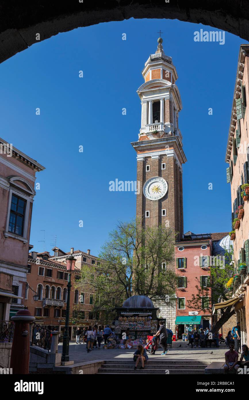 Campanile, or bell tower, of the Church of the Holy Apostles of Christ, Venice, Italy, seen across the Campo Santi Apostoli. The original church dates Stock Photo