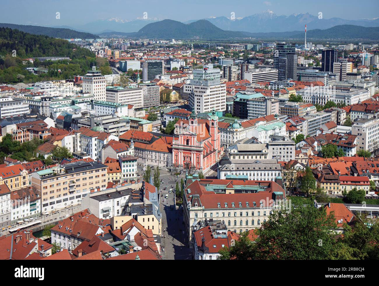 Ljubljana, Slovenia.  Overall view  from the castle to Presernov trg (or square) and the Baroque Franciscan Church of the Annunciation. Stock Photo