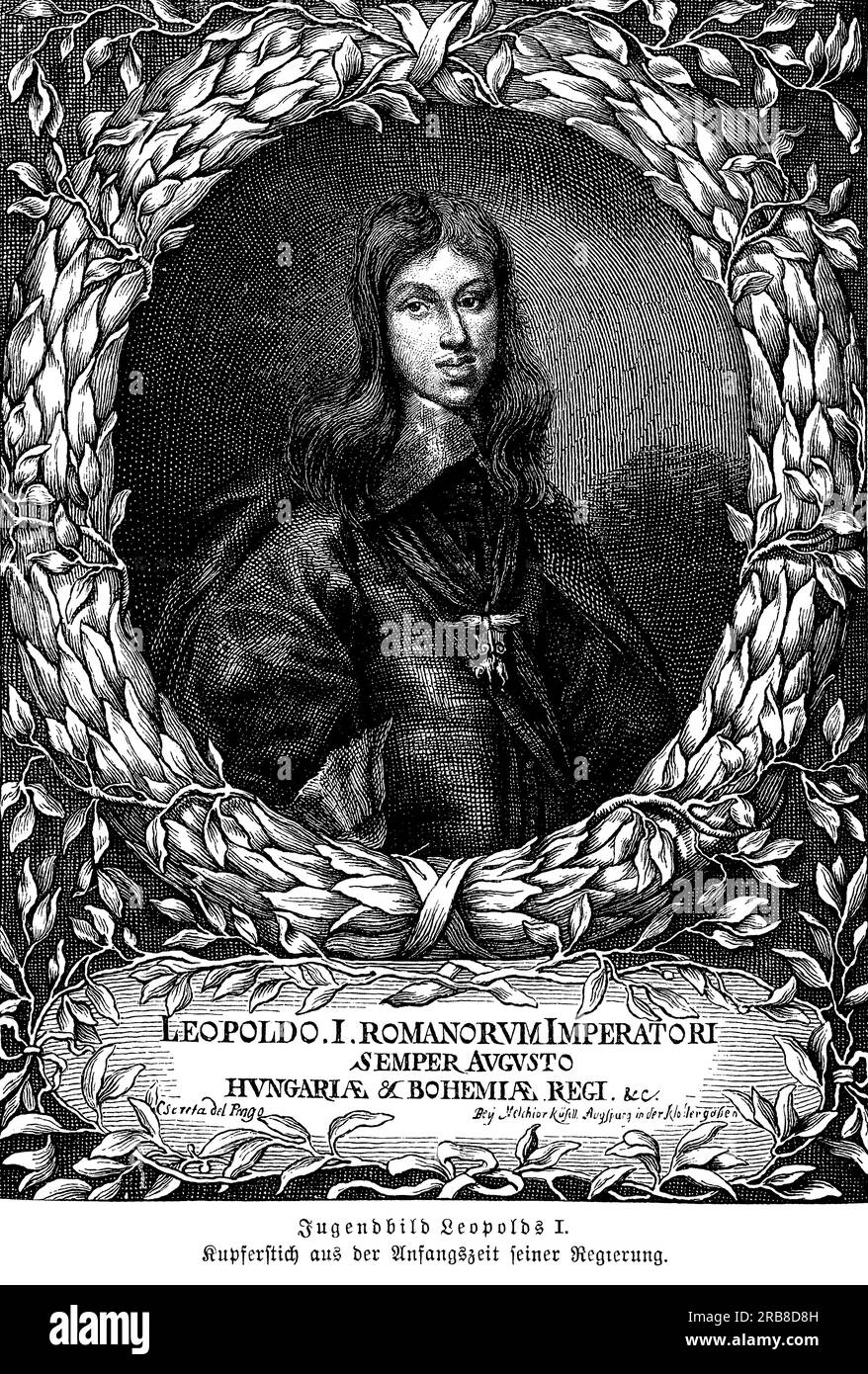 Leopold I  Holy Roman Emperor from 1658 to 1705,King of Hungary, Croatia, and Bohemia. He is known for his successful military campaigns against the Ottoman Empire and his role in the Great Turkish War. During his reign, he also fought against France in the War of the League of Augsburg and the War of the Spanish Succession. Leopold was a devout Catholic and supported the Counter-Reformation, promoting the construction of Baroque churches and monasteries throughout the empire. He also oversaw the expansion of Vienna and the construction of several magnificent palaces, including Schönbrunn Stock Photo