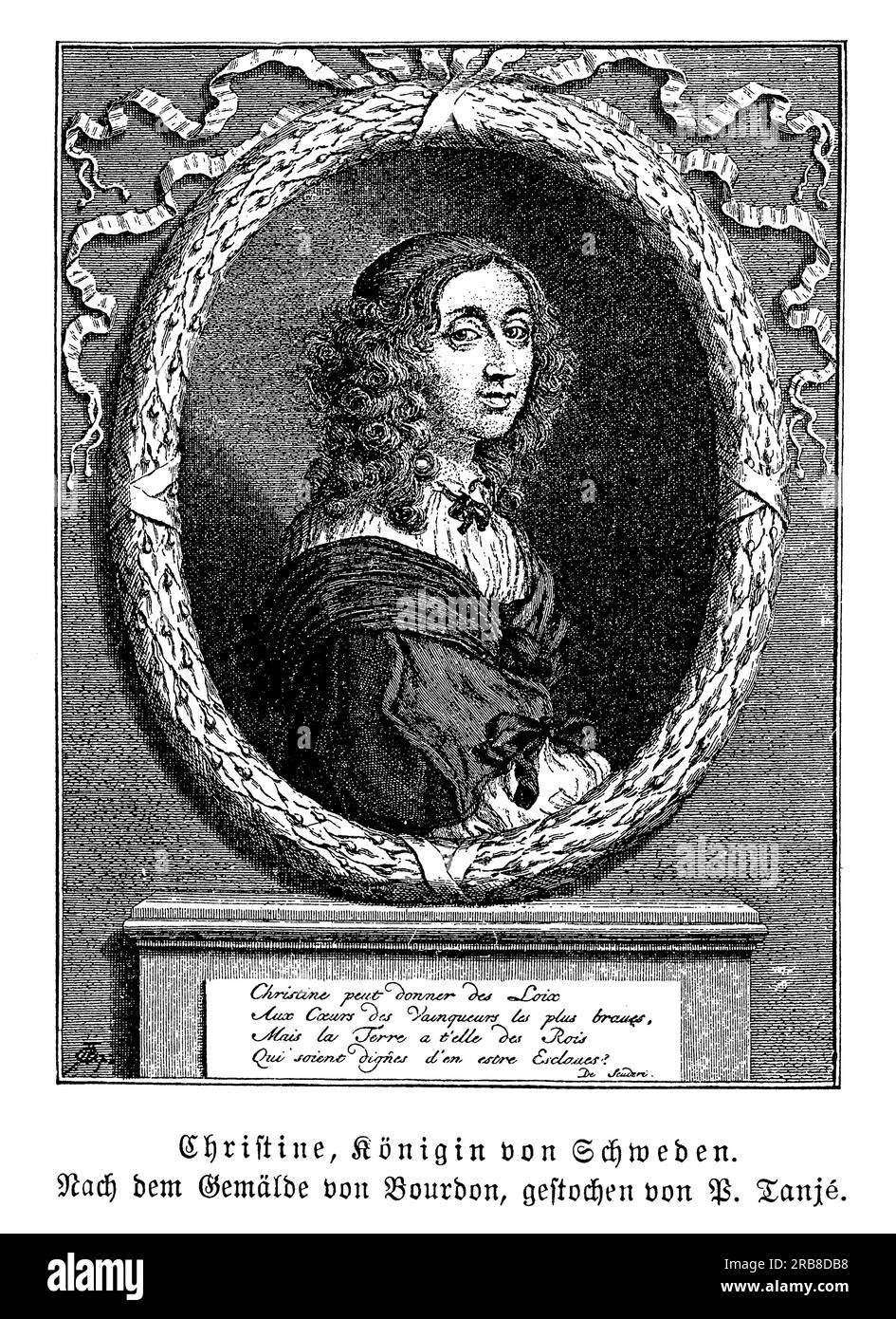 Christina of Sweden was a monarch who ruled Sweden from 1632 until her abdication in 1654. She was known for her interest in art, culture, and philosophy, and her reign was marked by significant cultural achievements. Christina was also a controversial figure, as she converted to Catholicism and abdicated her throne in order to pursue her interests in art and learning. After her abdication, she traveled extensively throughout Europe, eventually settling in Rome, where she became an important patron of the arts and sciences Stock Photo