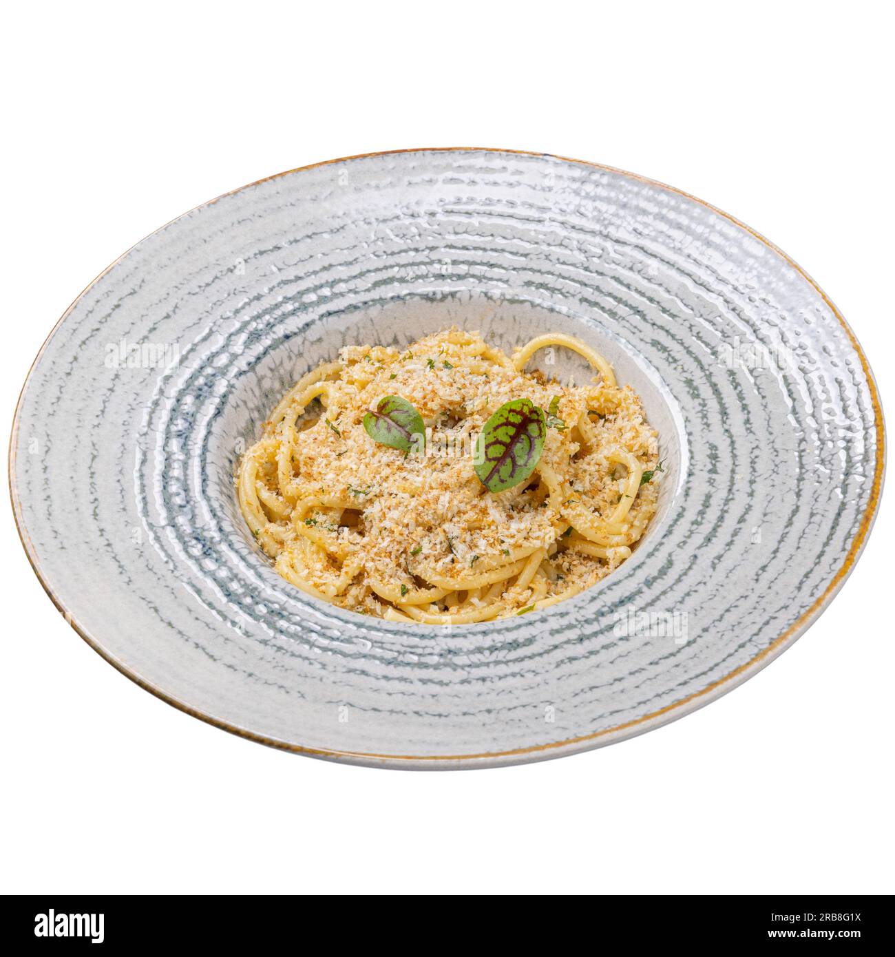 Spaghetti with breadcrumbs, pepperoncini and parmesan, restaurant pasta menu concept on white background Stock Photo