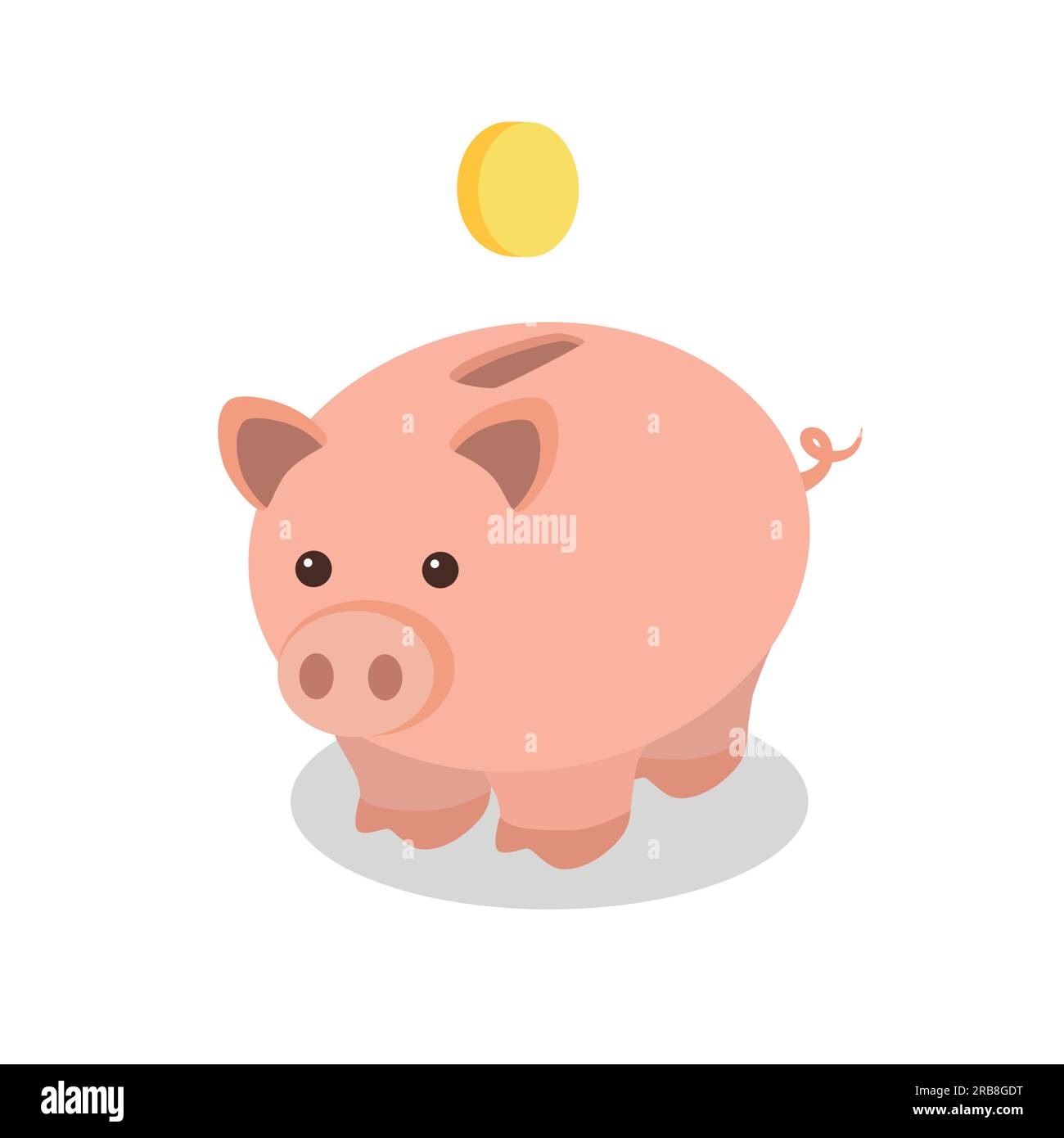 Round light pink piggy bank into which a gold coin falls on a white ...