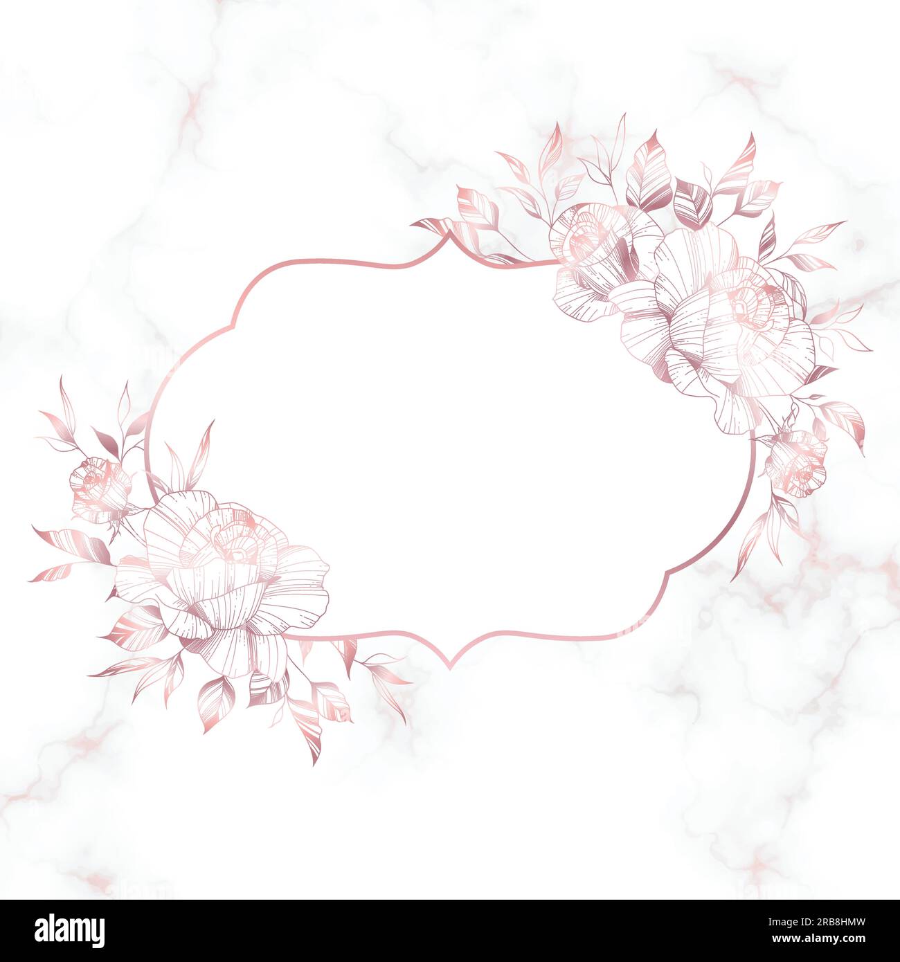 Rose gold vintage frame with rose flower on marble background Stock