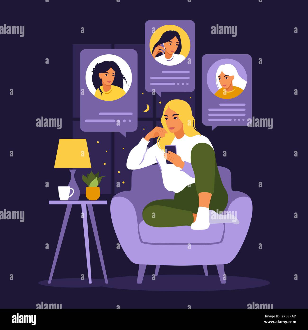 Woman sitting on sofa with phone. Friends talking on phone night. Chat