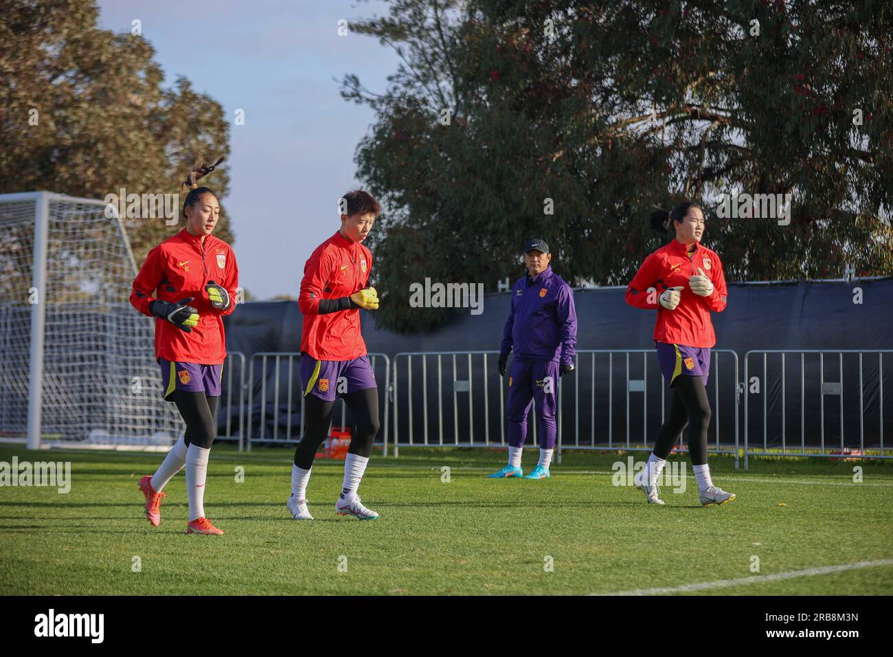 Adelaide, Australia. 8th July, 2023. Goalkeepers Xu Huan, Zhu Yu and Pan Hongyan (L to R, front) of China participate in a training session in Adelaide, the capital city of South Australia, Australia, July 8, 2023. Credit: Xie Sida/Xinhua/Alamy Live News Stock Photo