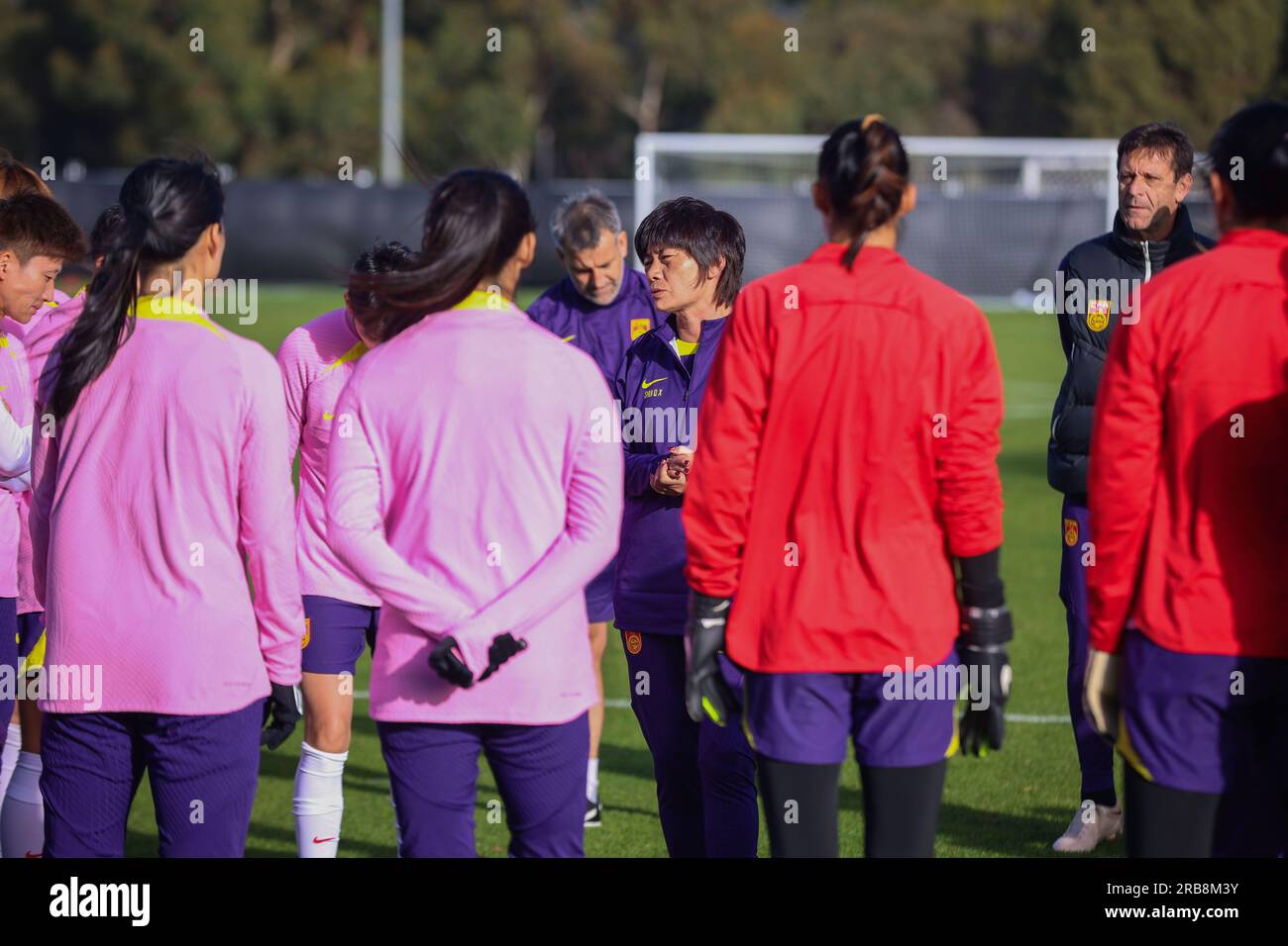 Adelaide, Australia. 8th July, 2023. Shui Qingxia (C), head coach of Chinese women's national team, talks to the players during a training session in Adelaide, the capital city of South Australia, Australia, July 8, 2023. Credit: Xie Sida/Xinhua/Alamy Live News Stock Photo