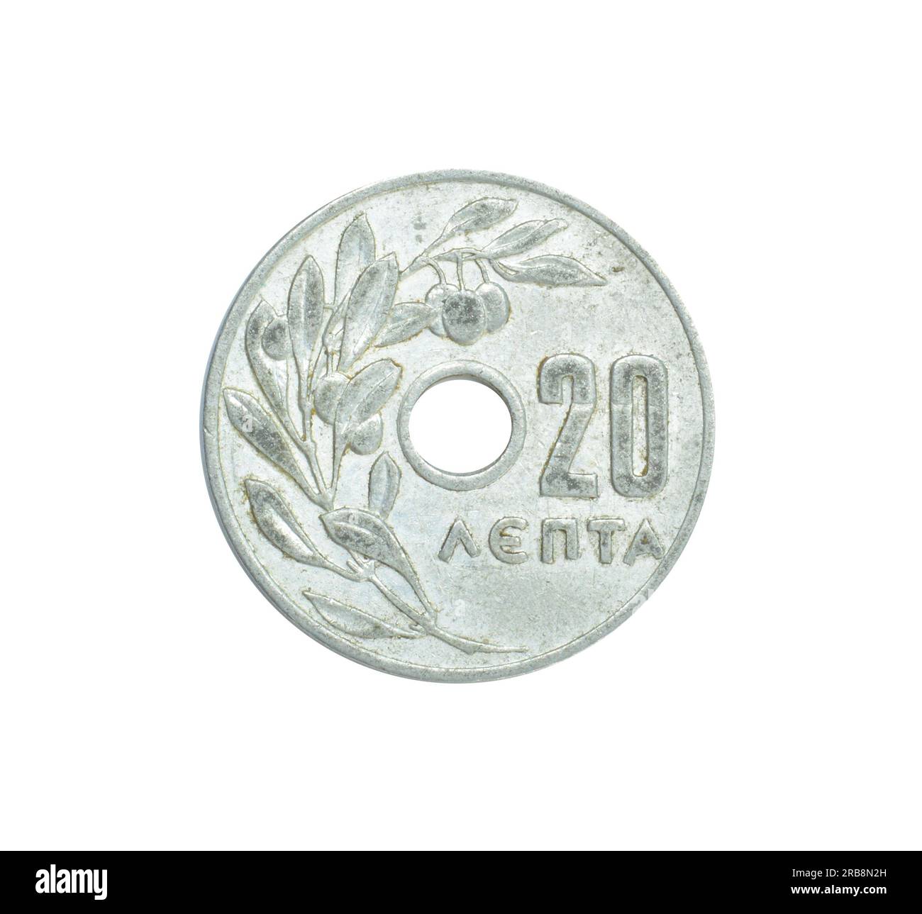 20 Lepta coin made by Greece, that shows A wreath of 2 olive branches with 30 leaves with a crown at the top Stock Photo
