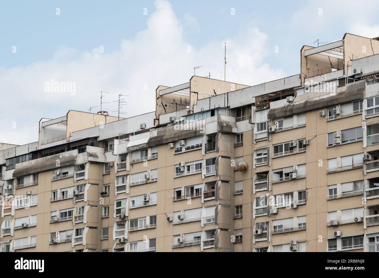 Belgrad, Serbia. 07th July, 2023. Exterior shot of rundown apartments