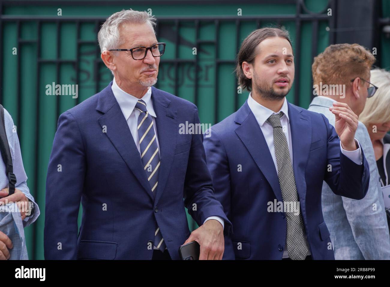 London UK. 8 July 2023 .Gary Lineker, (C) BBC Sports television presenter arrives with his son Tobias at the All England Lawn Tennis Club on day 6 of the Wimbledon Tennis Championships.  Credit amer ghazzal/Alamy Live News Stock Photo