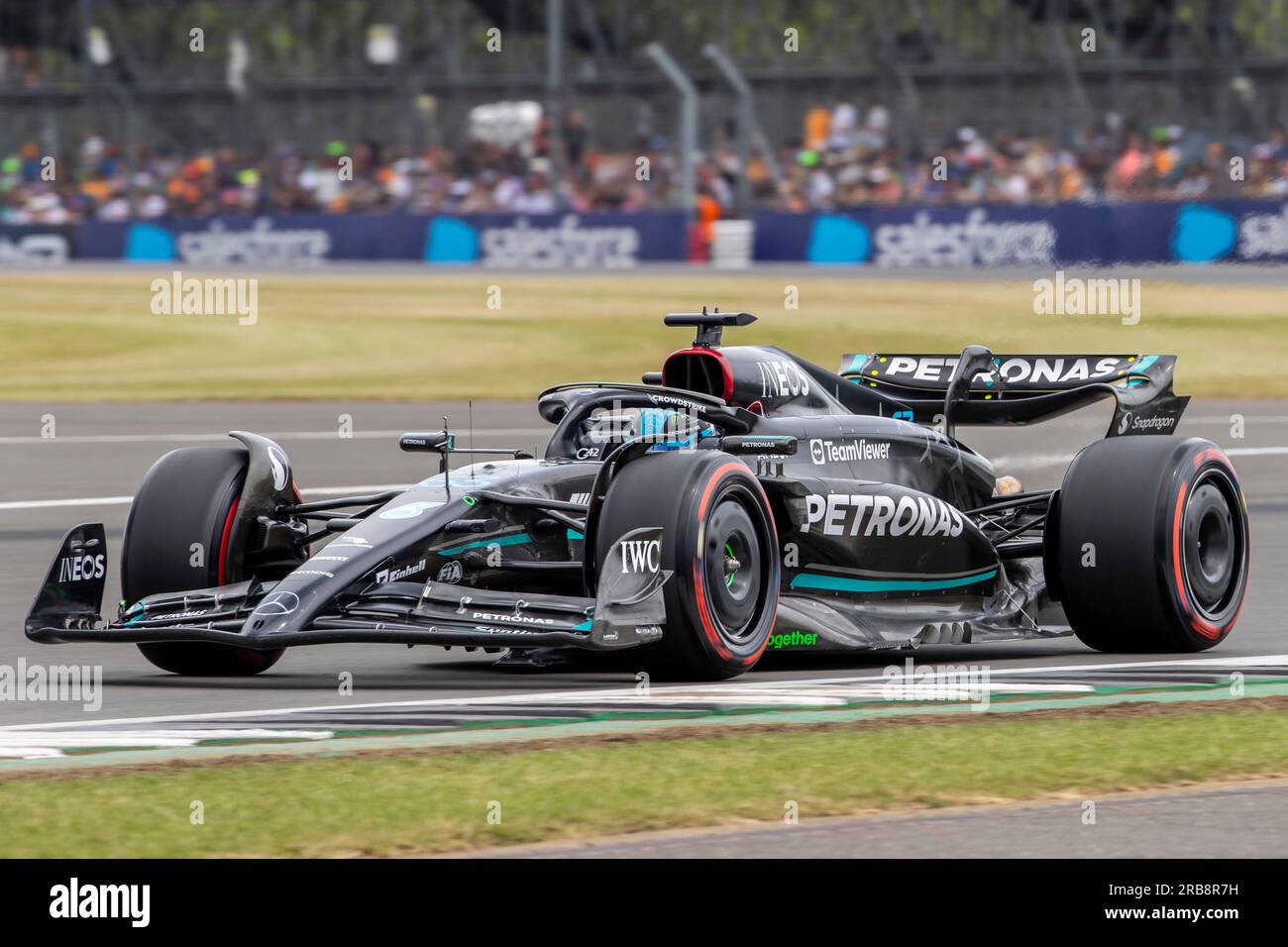 8th July 2023: Silverstone Circuit, Northamptonshire, England: Formula 1 2023 Aramco British F1 Grand Prix: Qualifying Day; George Russell in his Mercedes-AMG Petronas F1 Team Mercedes F1 W14 during FP3 Stock Photo