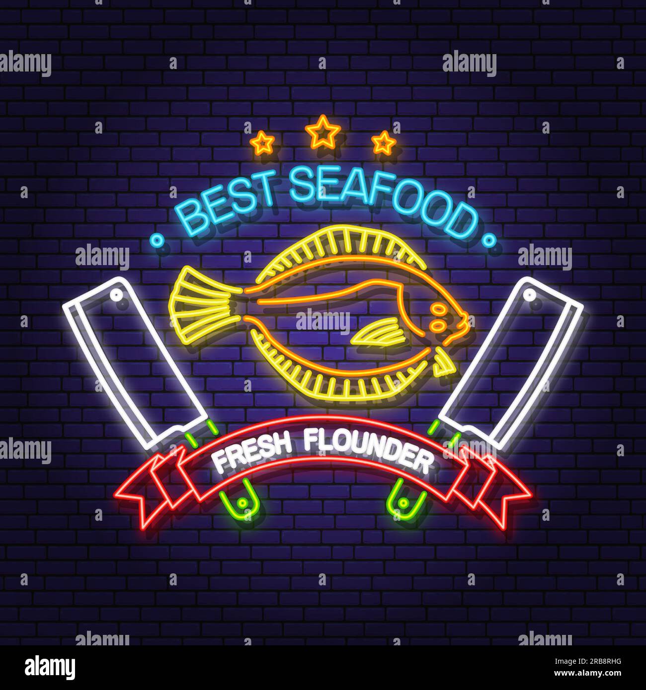 Best seafood. Fresh Alaska sole or flounder neon sign. Vector. For