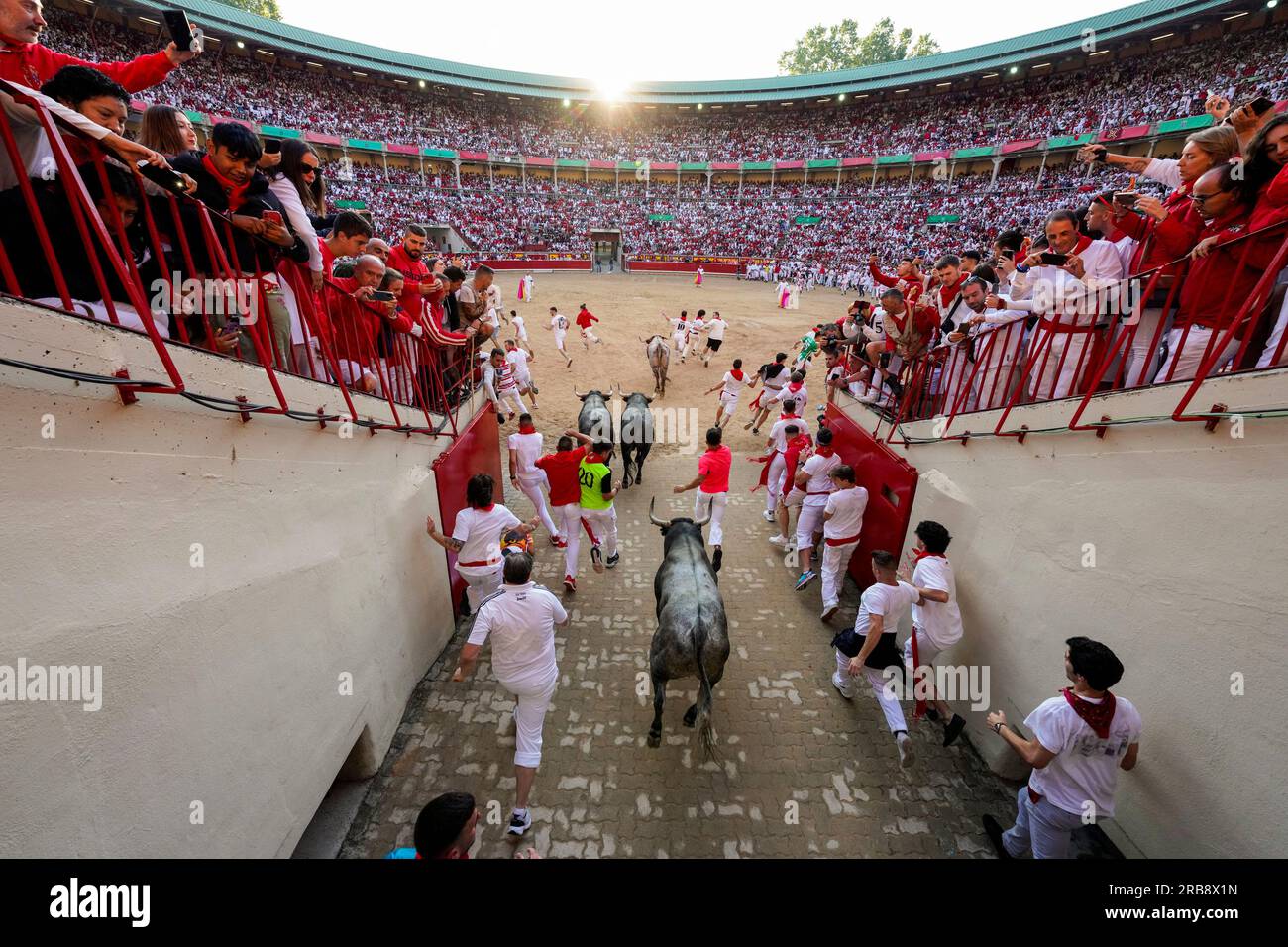 Pamplona, Spain. 08th July, 2023. Bulls and runners enter the bullring during the second running of the bulls of the San Fermin festival in Pamplona, Spain, on July 8, 2023. Thousands of people participated in the second of eight bull runs through the narrow streets of Pamplona's city center in the fiesta whose internationally fame is closely associated to Ernest Hemingway who describes it in his book 'The Sun Also Rises'. Photo by Paul Hanna/UPI Credit: UPI/Alamy Live News Stock Photo