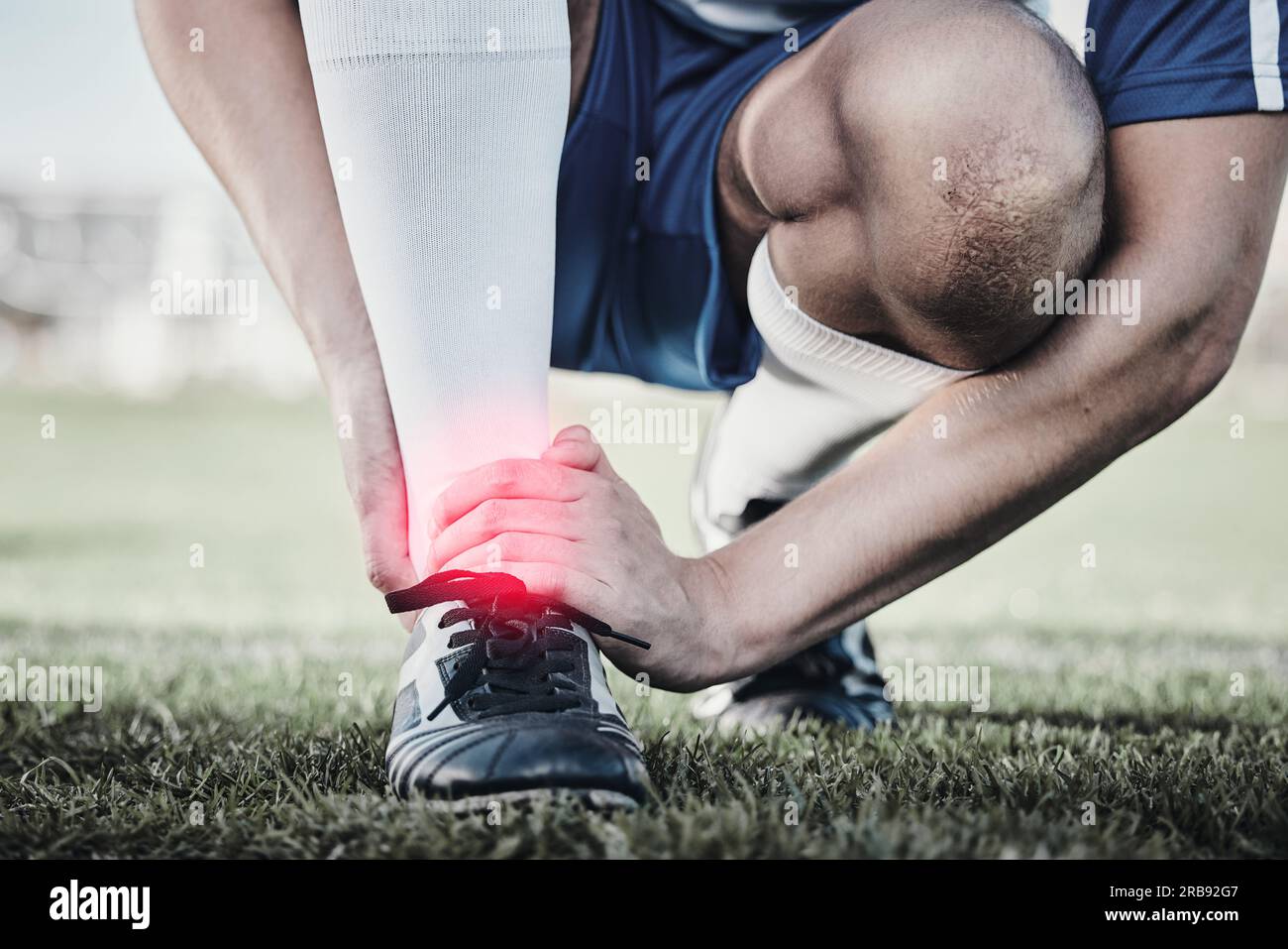 Accident, sports and hand of a man on foot pain, soccer emergency and
