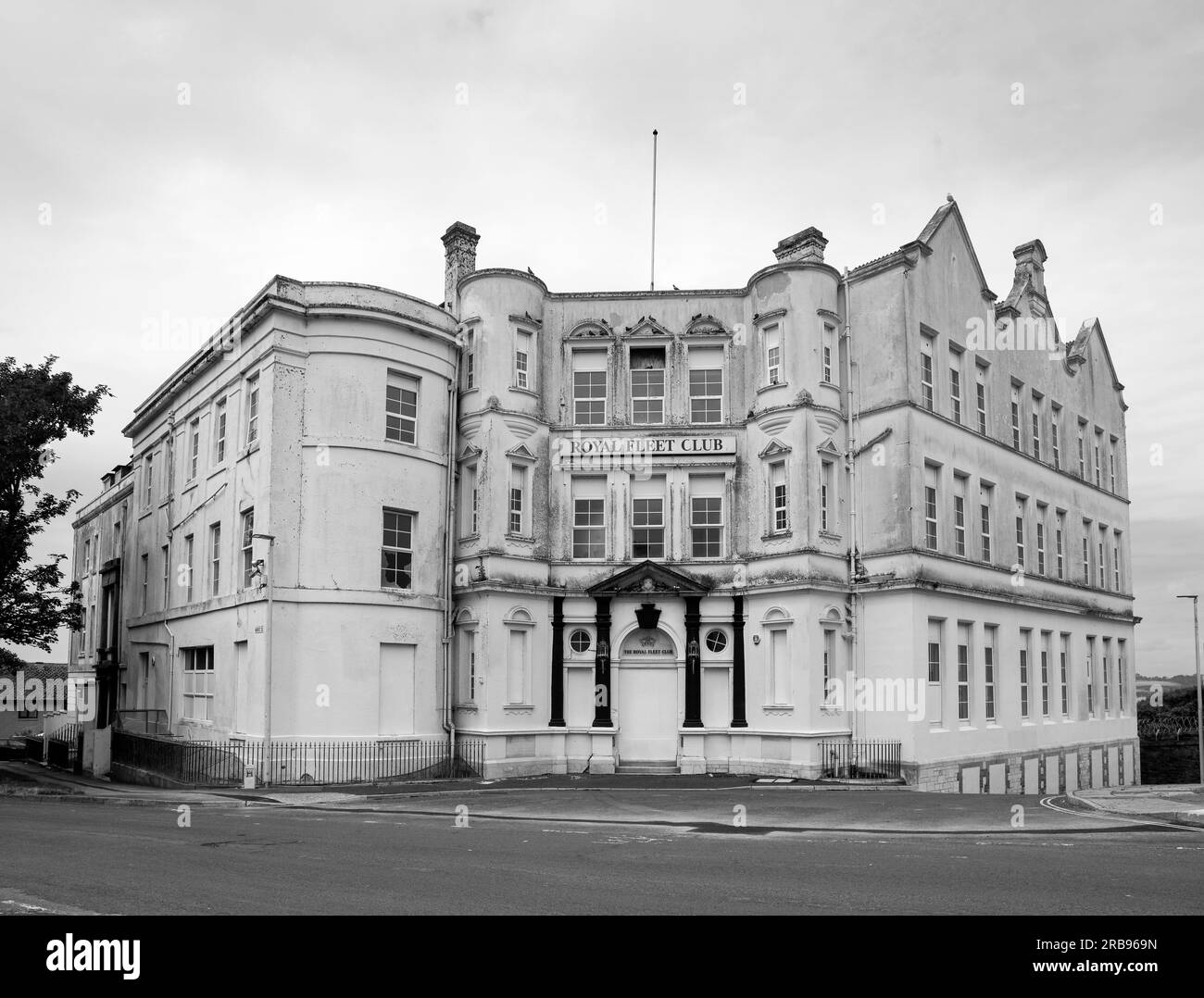 Monochrome image of Looking sad and dejected the former Royal Fleet Club in Devonport, Plymouth. Purchased by the Church of Scientology in 2010 to tur Stock Photo
