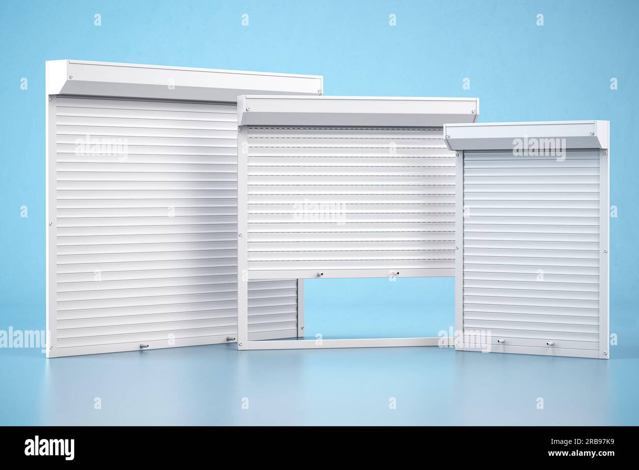 Window roller shutters of different size on blue background. 3d illustration Stock Photo