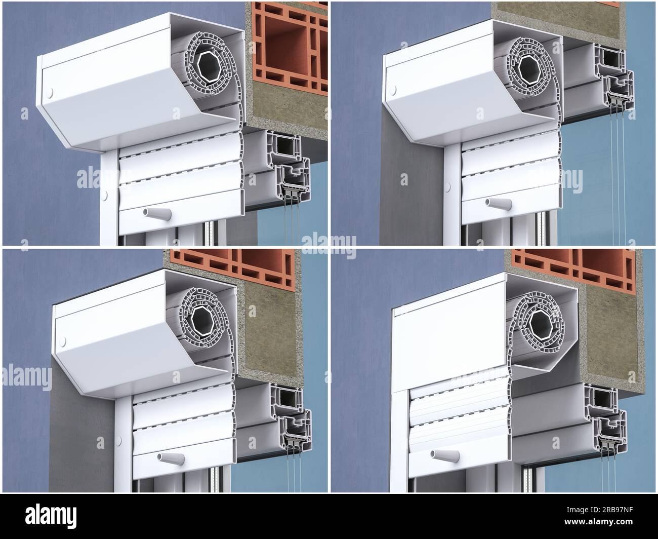 Types of external roller blinds. Cross section of various installation options pvc window shutters. 3d illustration Stock Photo