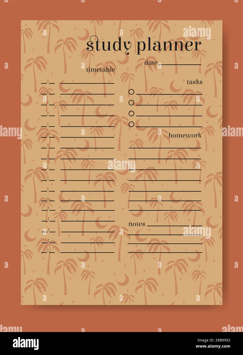 Study planner minimalist summer palms page design. Stock Vector