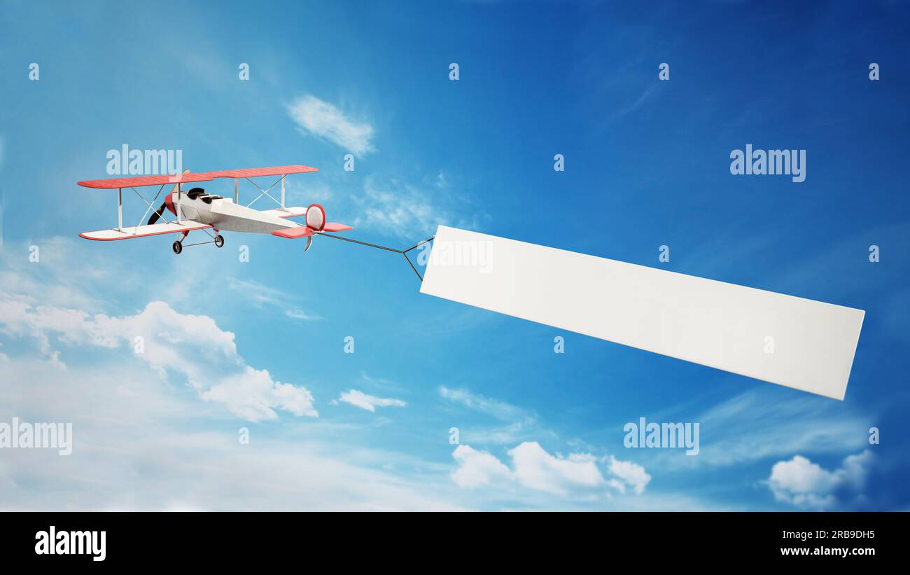 Classic airplane pulling blank white text banner. 3D illustration. Stock Photo