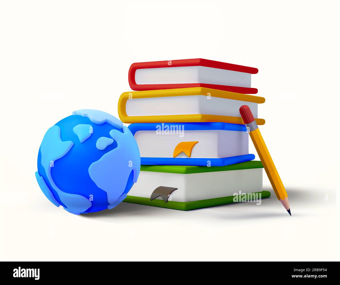 3d stack of books with globe or earth, pencil, isolated on white