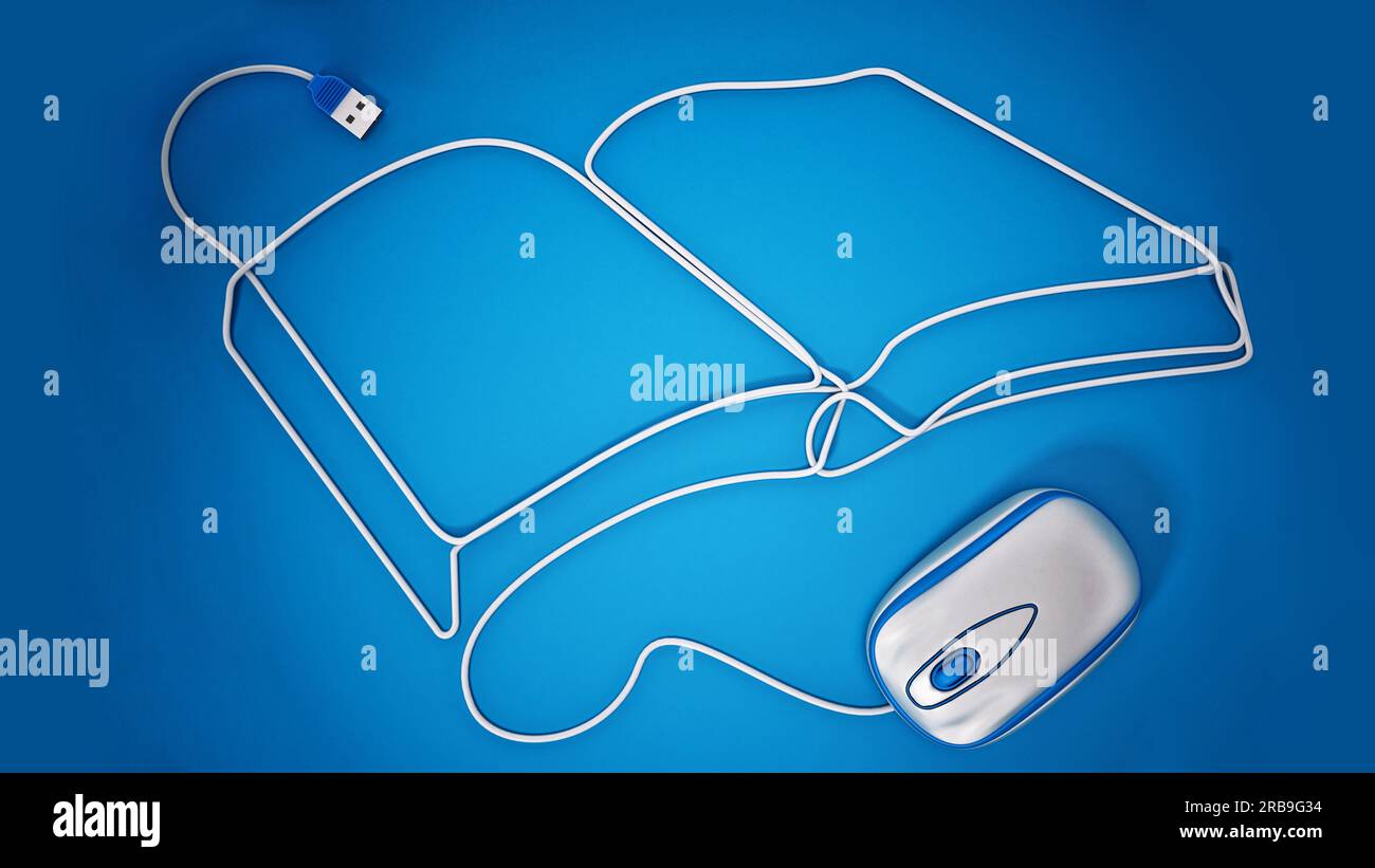 Mouse cable formes a book shape. 3D illustration. Stock Photo