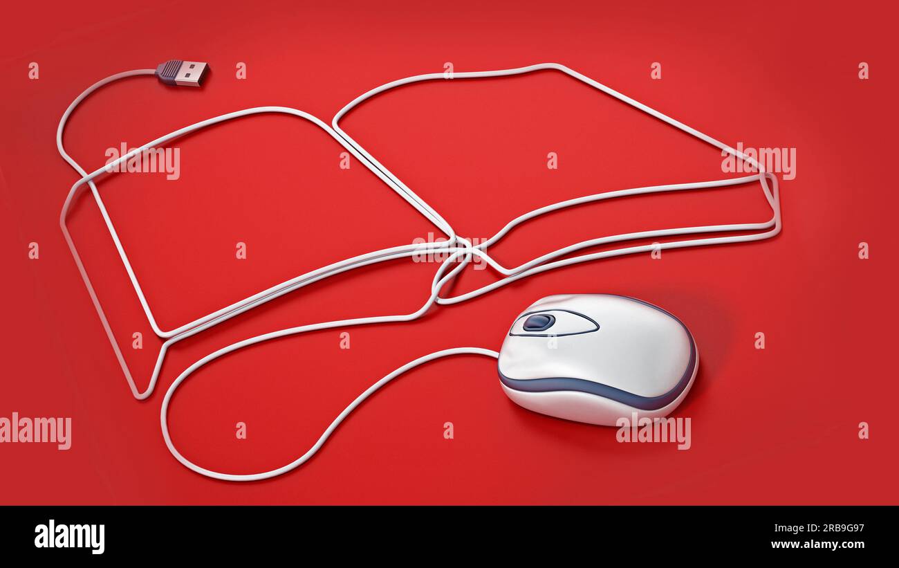 Mouse cable formes a book shape. 3D illustration. Stock Photo
