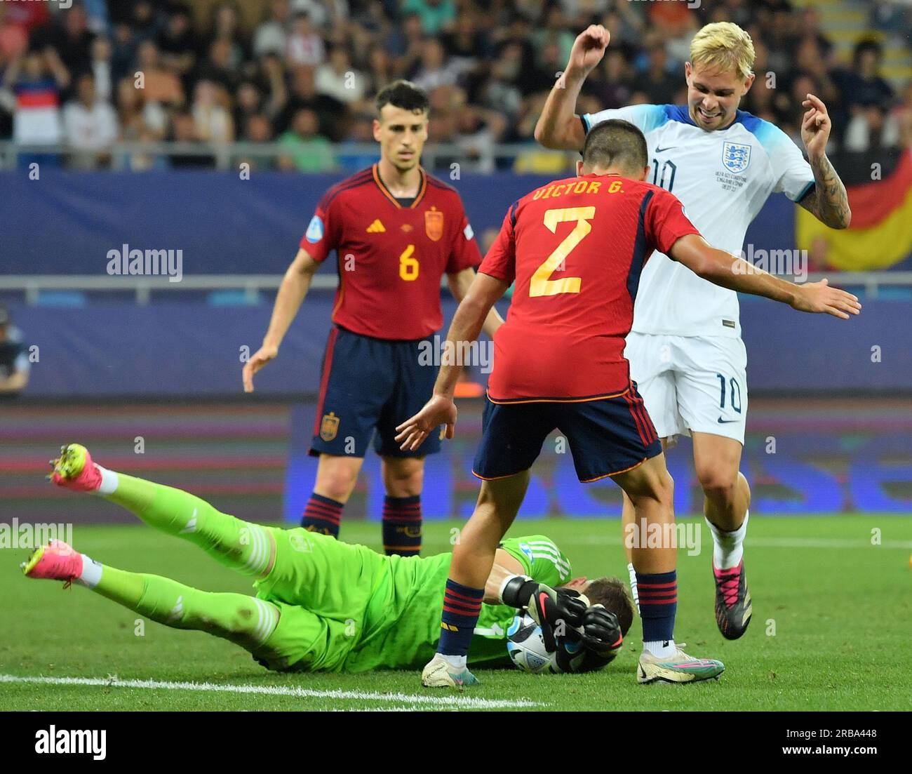 Spain goalkeeper Arnau Tenas saves a shot from England's Emile Smith Rowe during the Euro Under-21 Championship final at the Adjarabet Arena in Batumi, Georgia. Picture date: Saturday July 8, 2023. Stock Photo