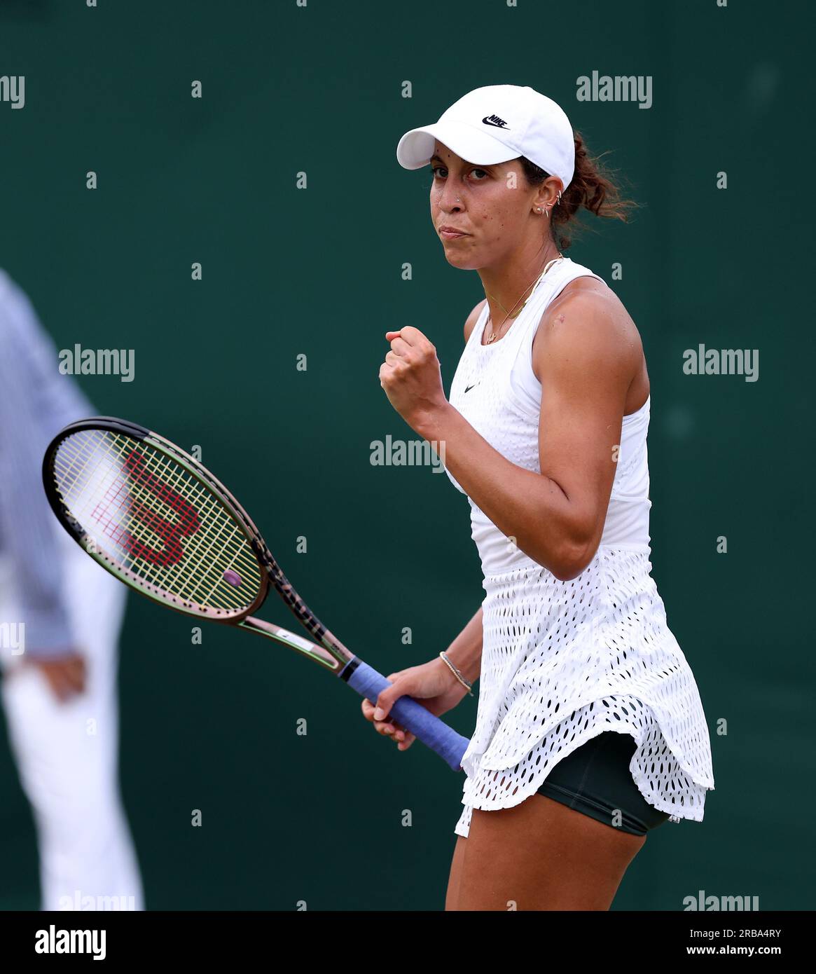 Madison Keys celebrates winning the first set against Marta Kostyuk (not pictured) on day six of