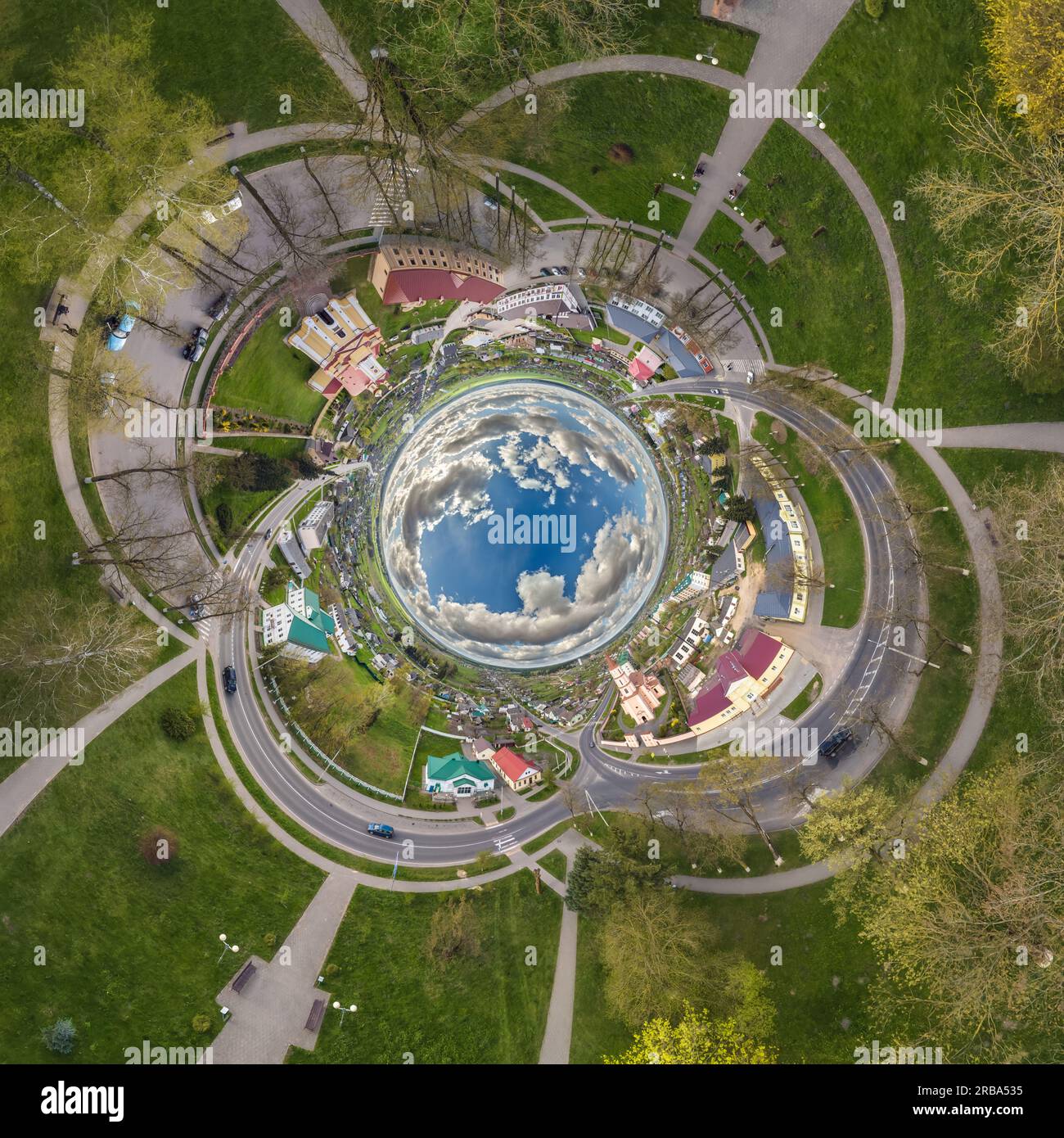 blue sphere inside overlooking old town, urban development, historic ...